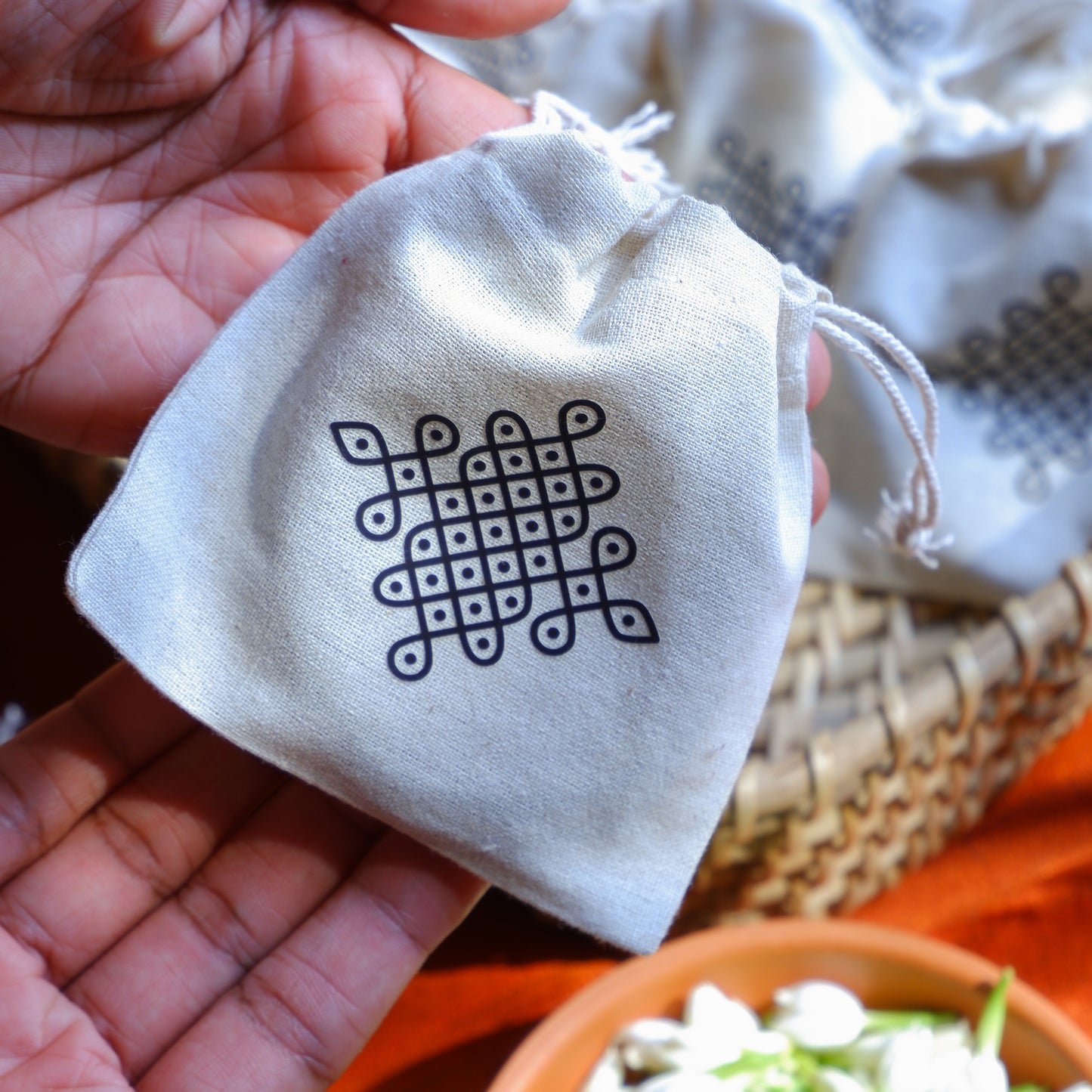 Traditional Kolam fridge magnet gift packed in cotton pouch ideal return gift