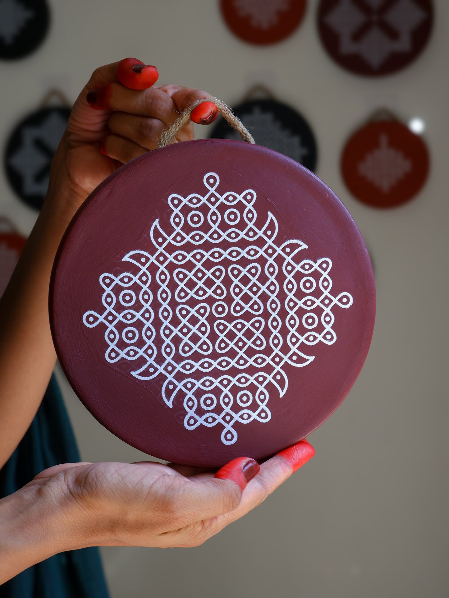 Sumati Maroon Kolam Wall Plate-8"