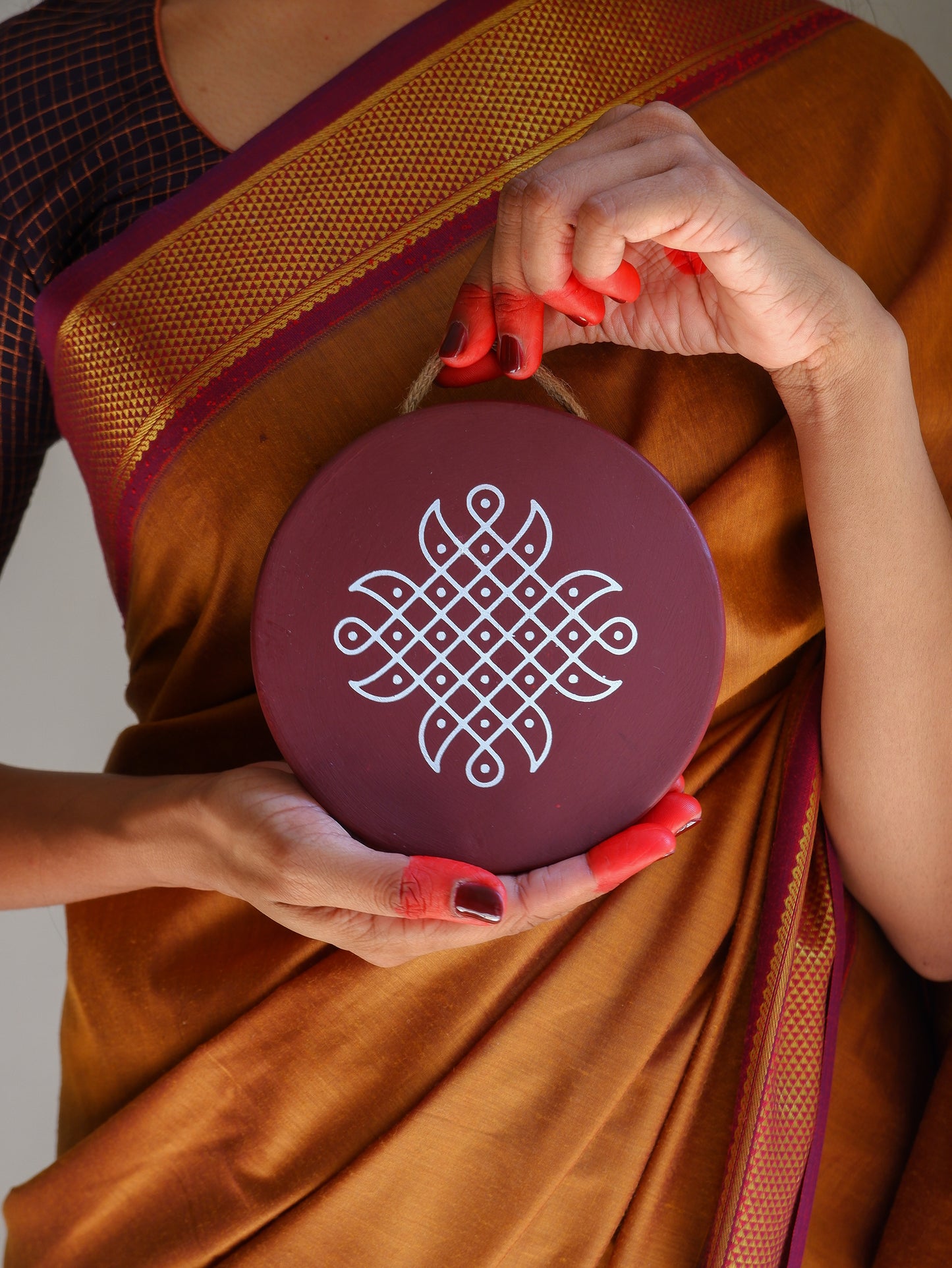 6 inch Maroon Traditional South Indian Sikku Kolam Terracotta Wall Plates for Indian Homes