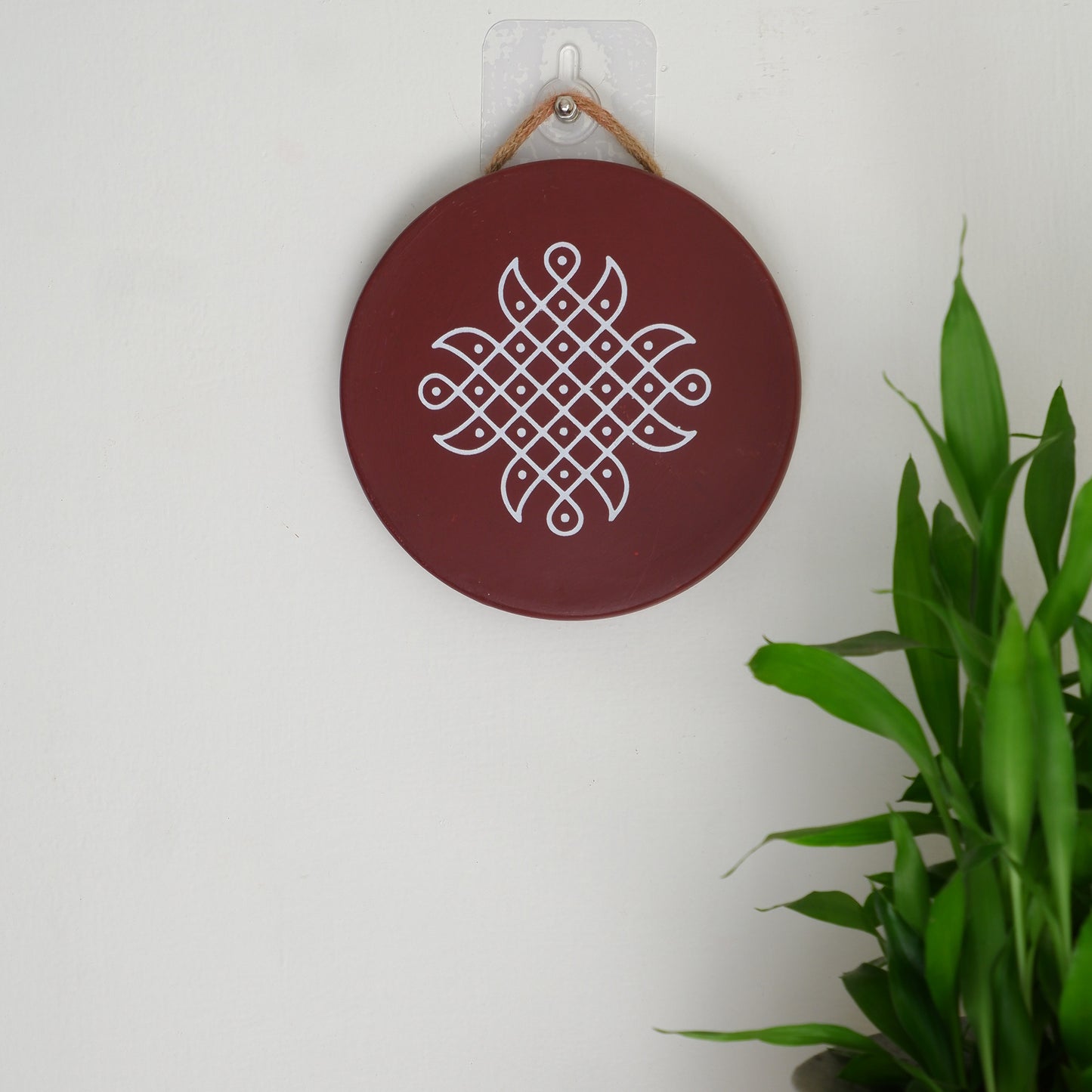 wall hanging image of 6 inch Maroon Traditional South Indian Sikku Kolam Terracotta Wall Plates