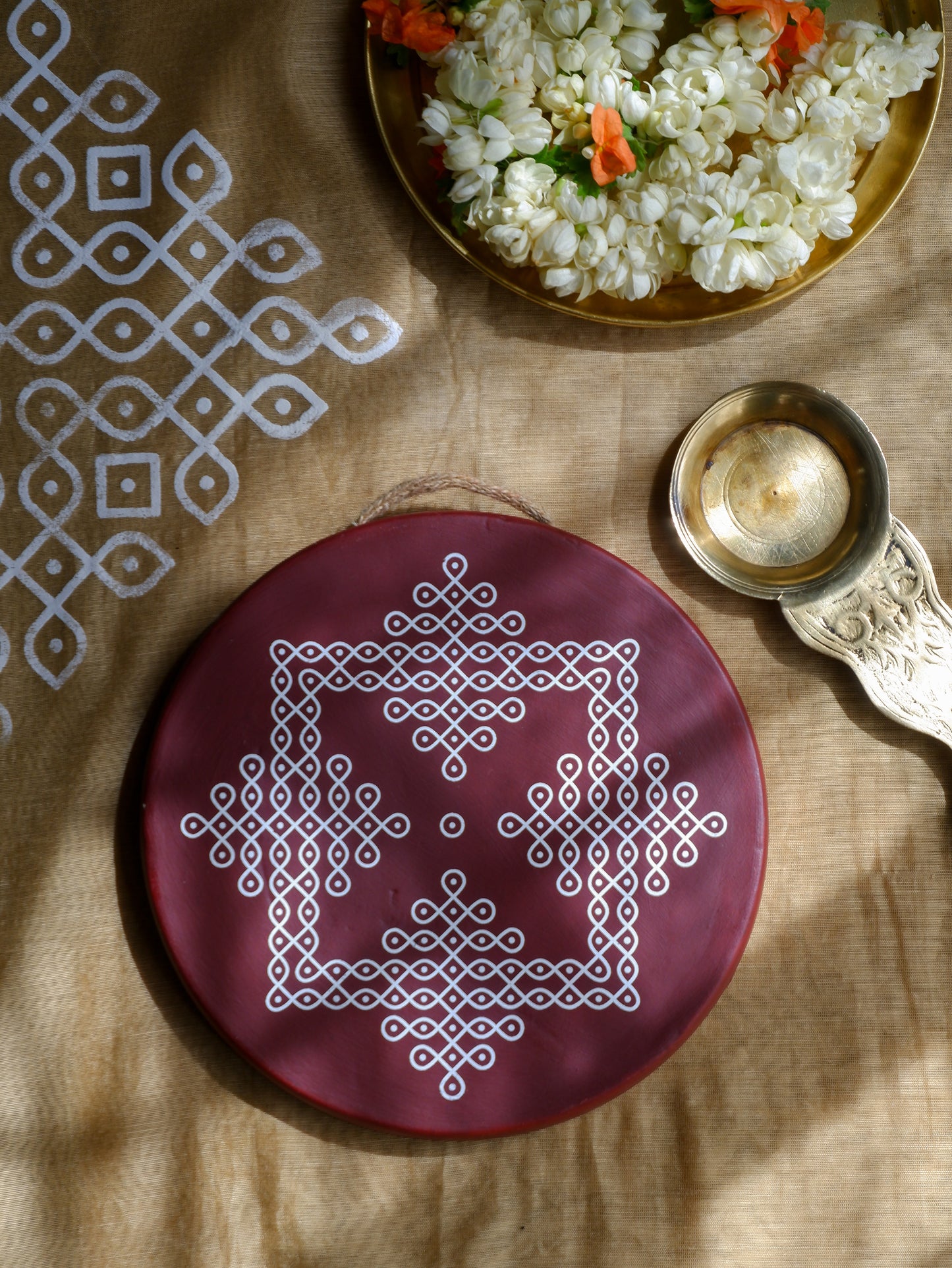 8 inch Maroon Traditional South Indian Sikku Kolam Terracotta Wall Plates for Indian Homes