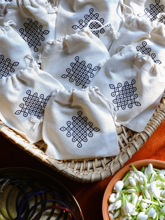 Traditional Kolam fridge magnet gift packed in cotton pouch ideal return gift