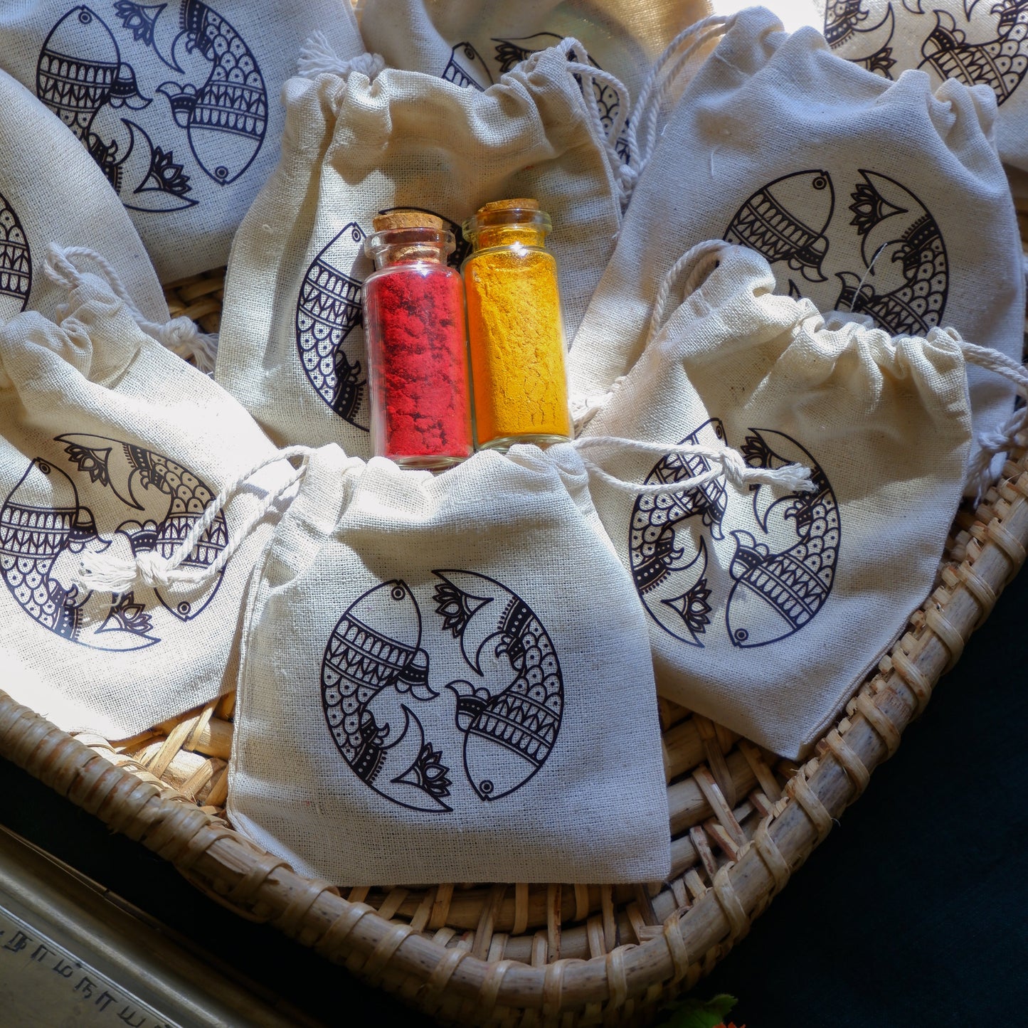 Eco friendly cotton return gift pouch with Madhubani for haldi kumkum weddings