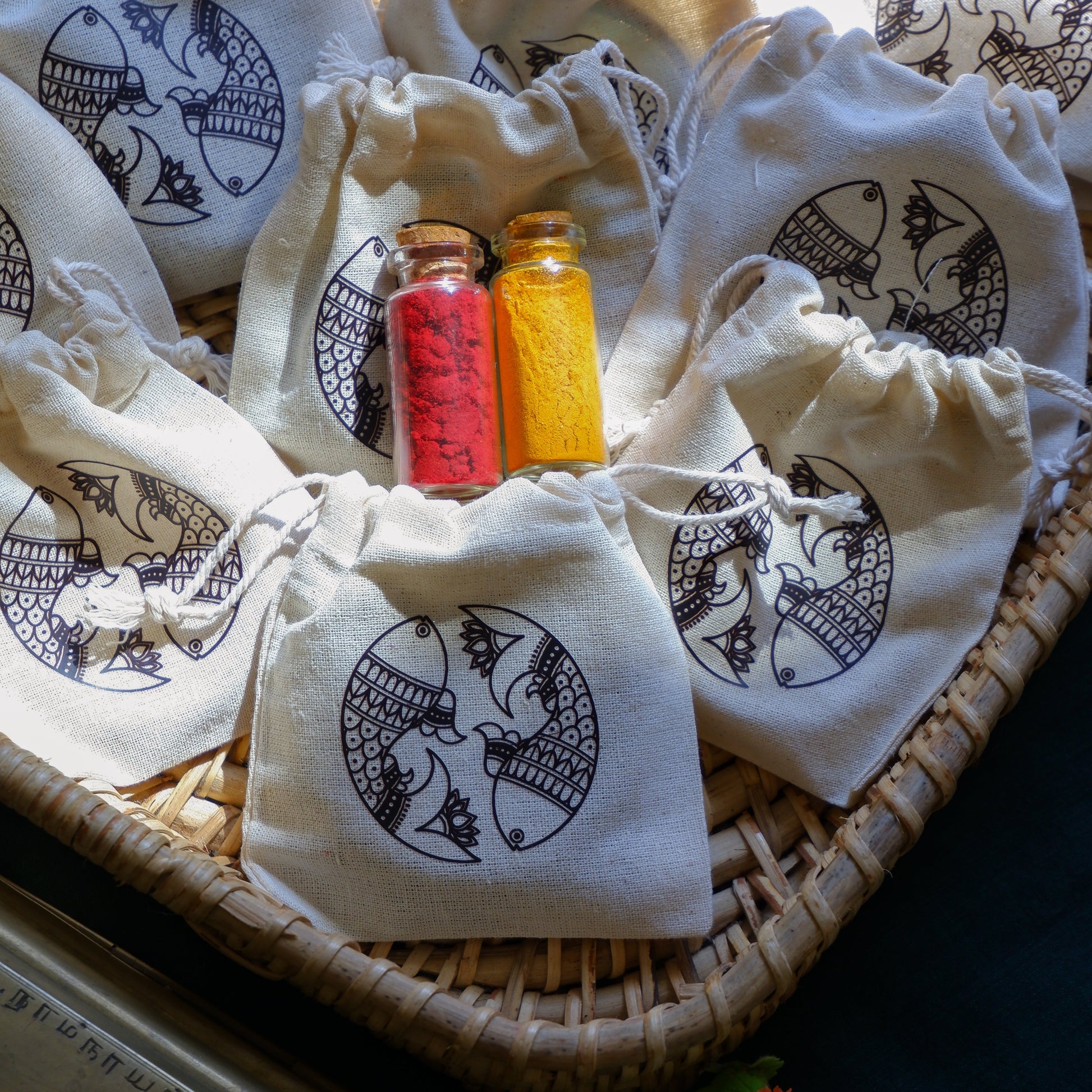 Eco friendly cotton return gift pouch with Madhubani for haldi kumkum weddings