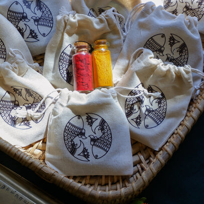 Eco friendly cotton return gift pouch with Madhubani for haldi kumkum weddings