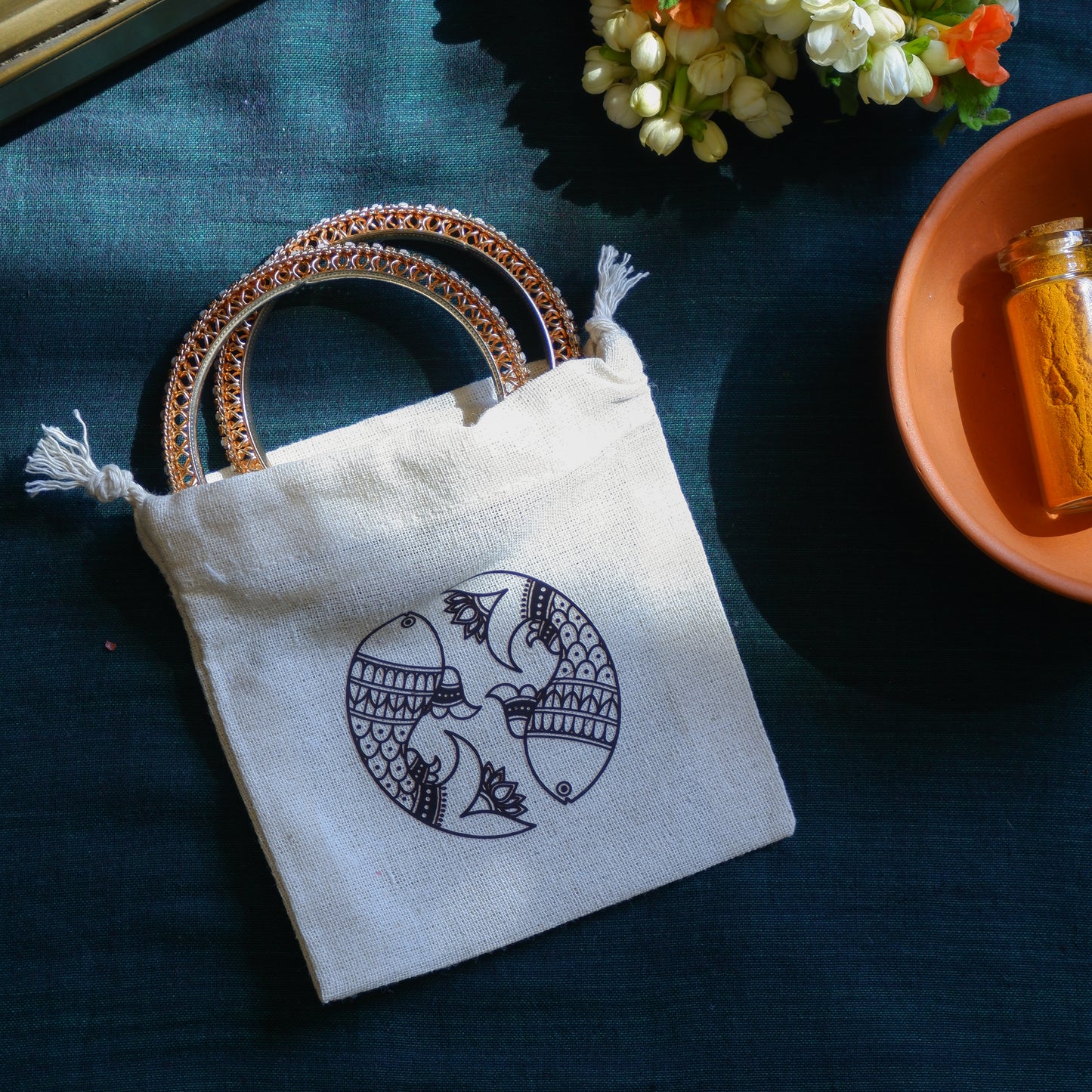 Traditional Indian Madhubani art pouch made of cotton fabric bangles return gifting