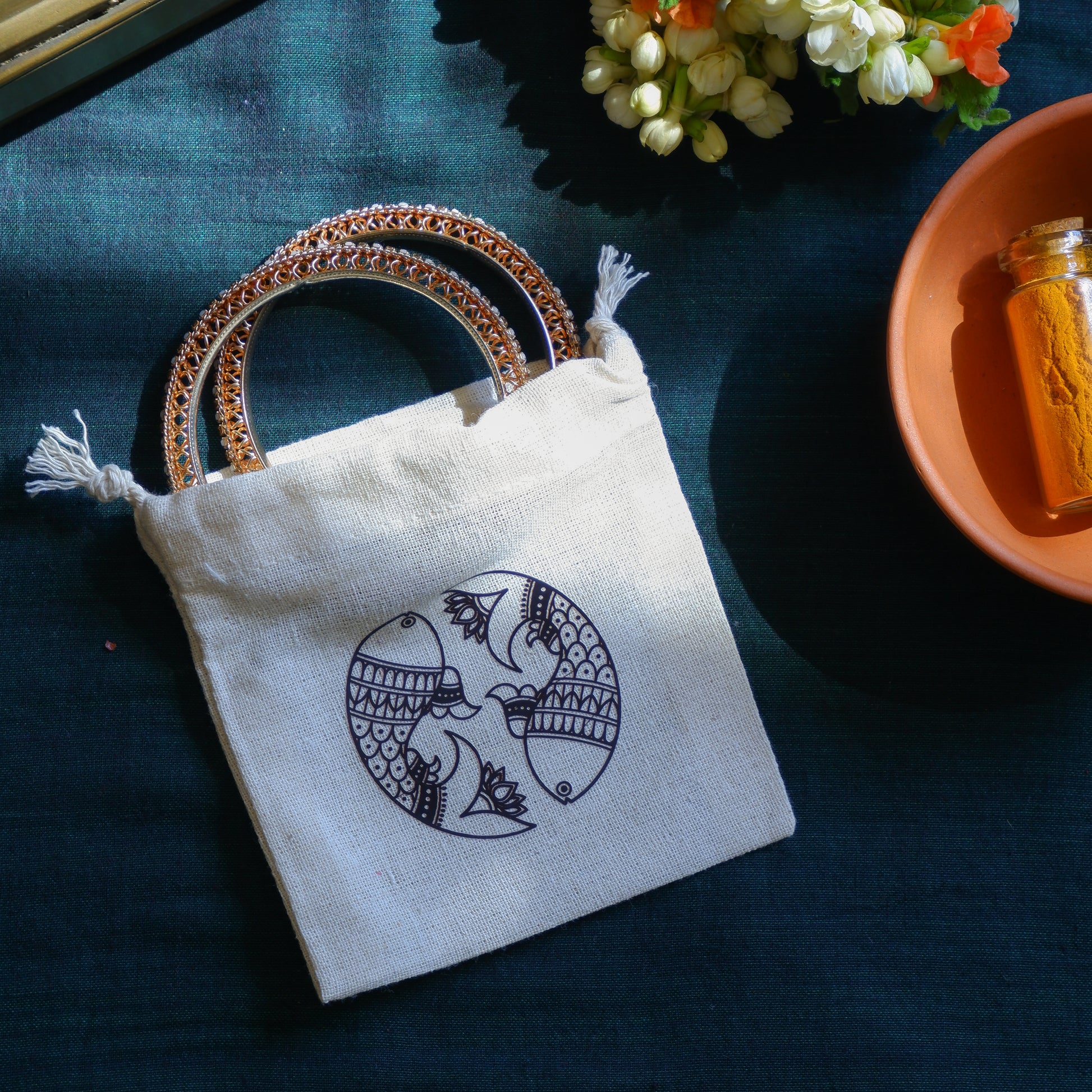 Traditional Indian Madhubani art pouch made of cotton fabric bangles return gifting
