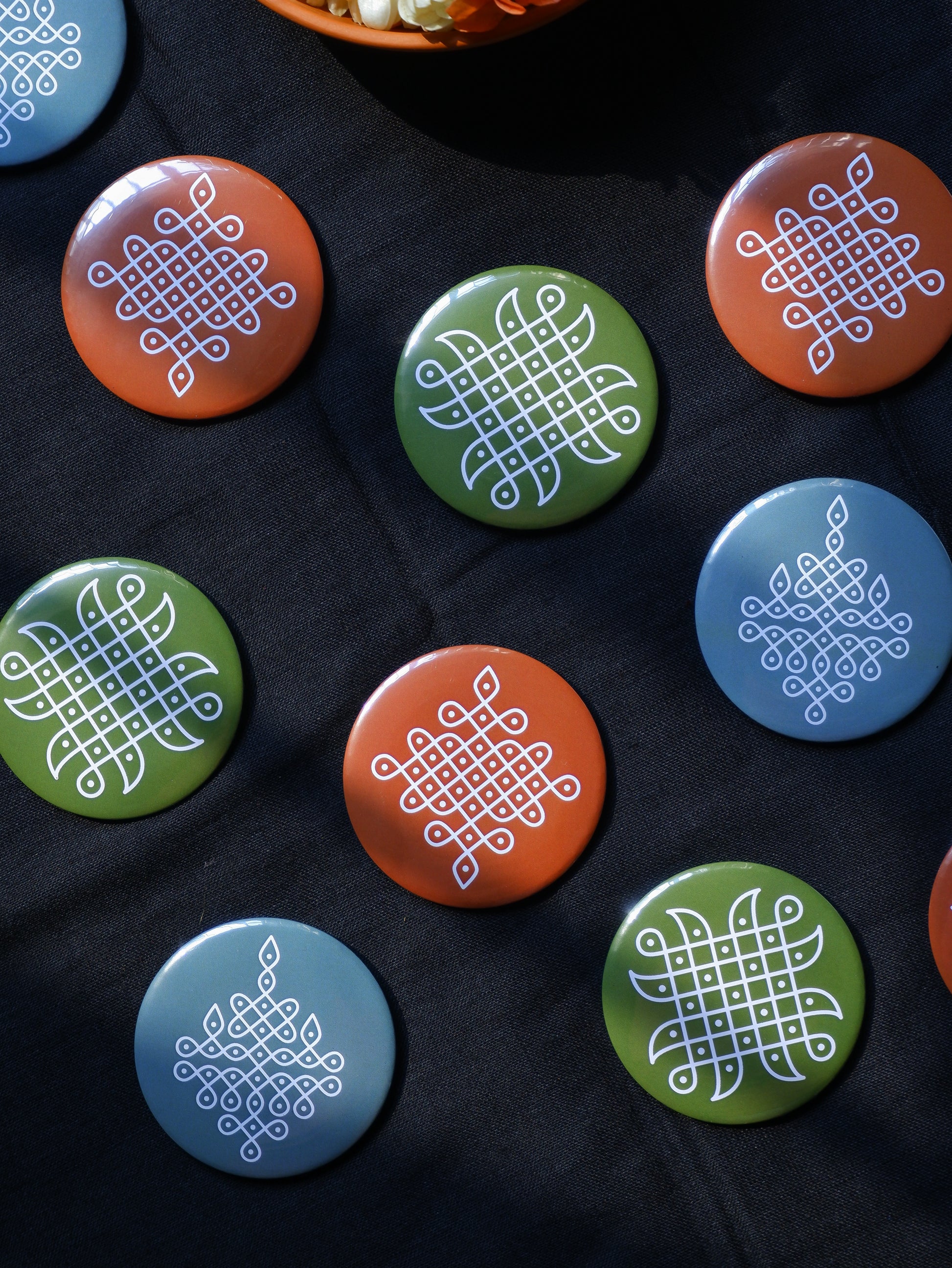 Vibrant round magnets featuring traditional Kolam art  adds a cultural touch to your kitchen or workspace