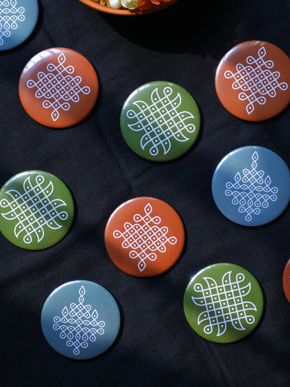 Vibrant round magnets featuring traditional Kolam art  adds a cultural touch to your kitchen or workspace