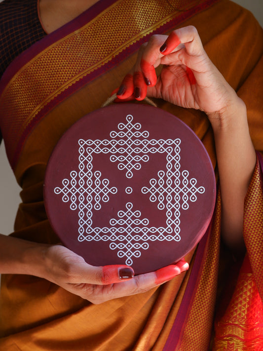 8 inch  Maroon Traditional South Indian Sikku Kolam Terracotta Wall Plates for Indian Homes