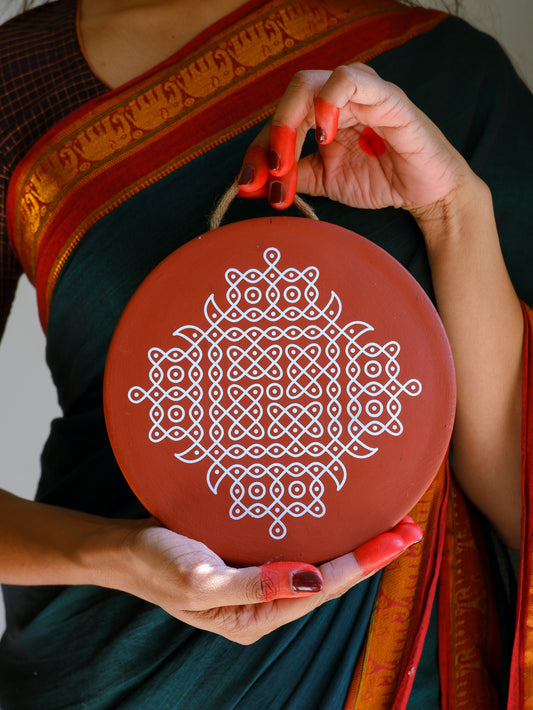 8 inch Traditional South Indian Sikku Kolam Terracotta Wall Plates for Indian Homes