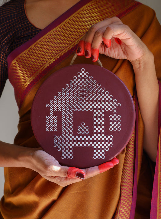 8 inch  Maroon Ther Traditional South Indian Sikku Kolam Terracotta Wall Plates for Indian Homes