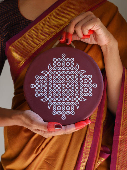 8 inch  Maroon Traditional South Indian Sikku Kolam Terracotta Wall Plates for Indian Homes