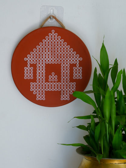 wall hanging image of 8 inch Traditional South Indian Ther Sikku Kolam Terracotta Wall Plate for Indian Homes