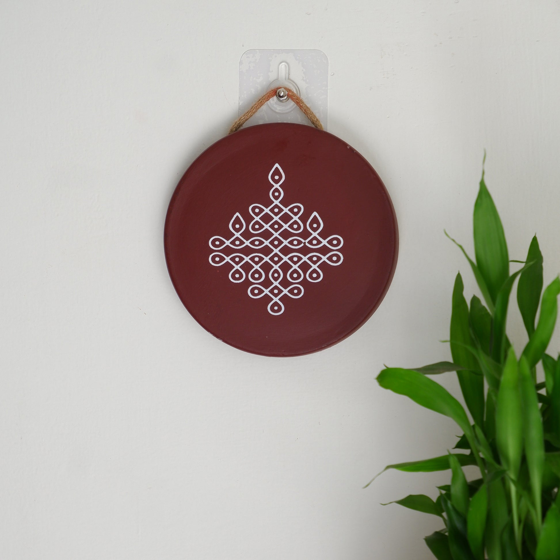 wall hanging image of 6 inch  Maroon Traditional South Indian Sikku Kolam Terracotta Wall Plates 
