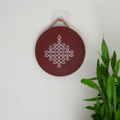 wall hanging image of 6 inch  Maroon Traditional South Indian Sikku Kolam Terracotta Wall Plates 