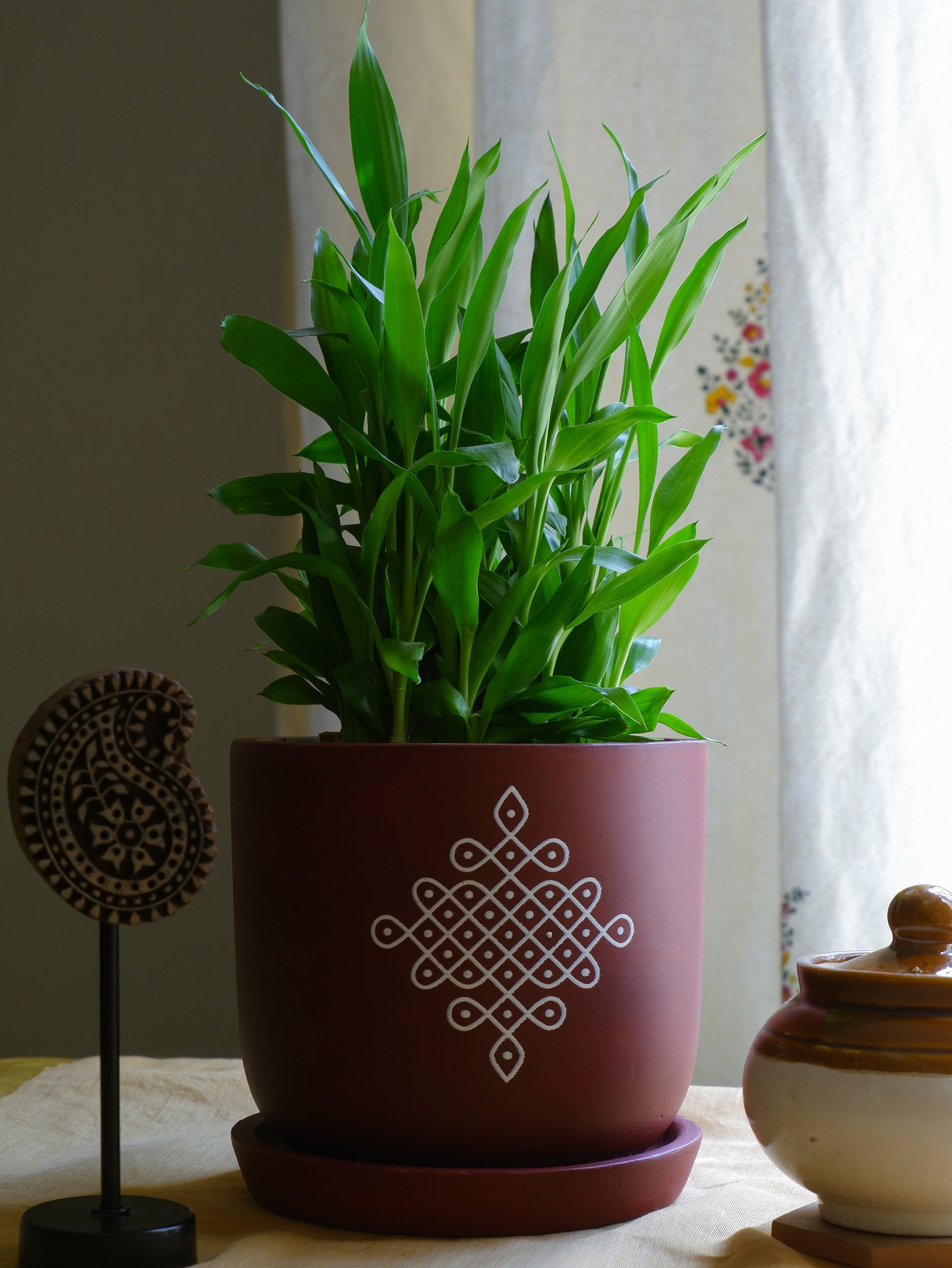 6-inch maroon terracotta planter with white Kolam print 