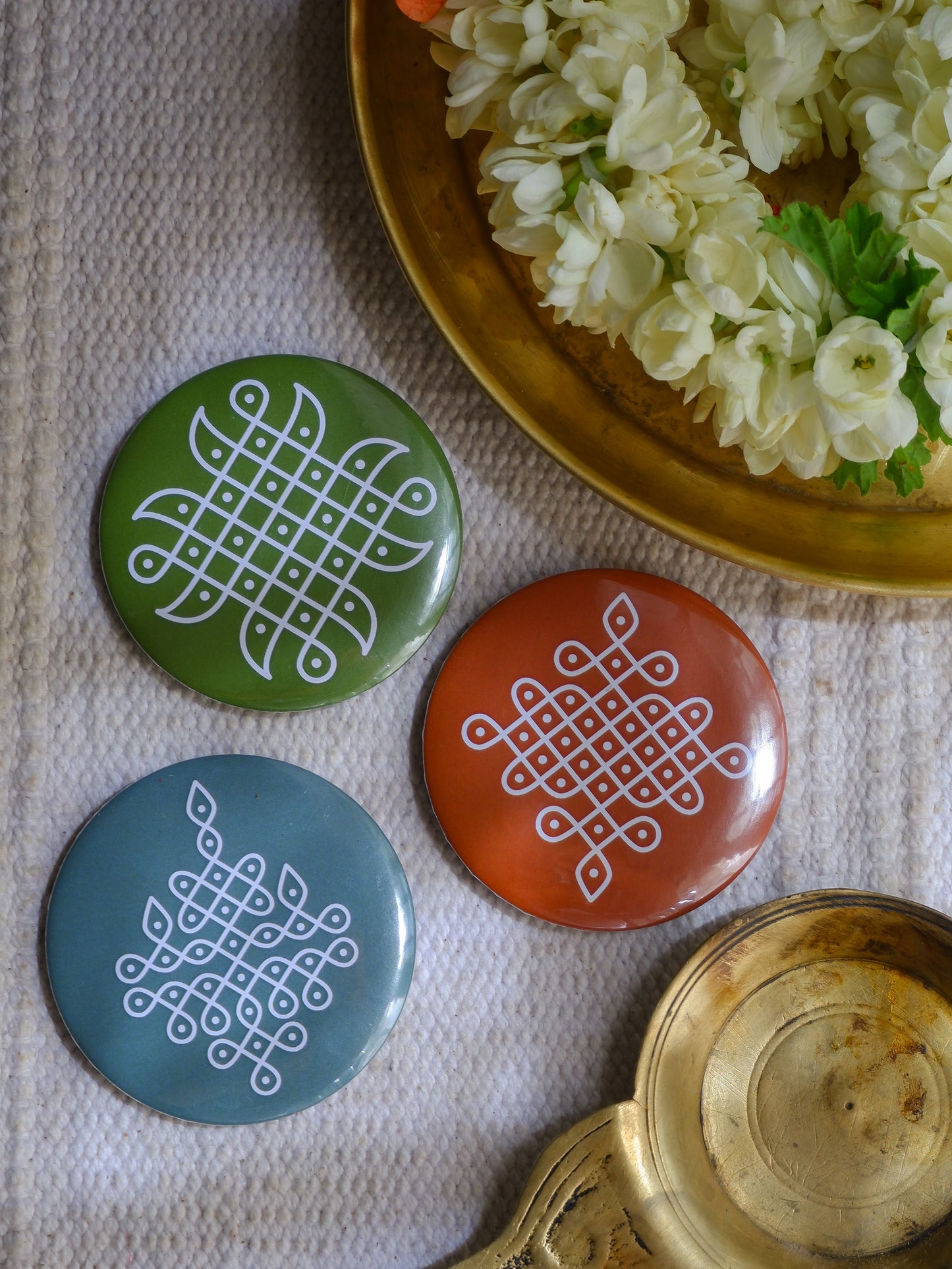 Kolam design fridge magnets set of 3 – colorful round magnets inspired by traditional South Indian rangoli patterns