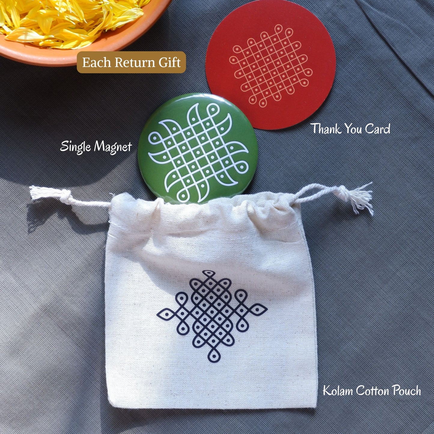 Traditional Kolam fridge magnet return gifts set with cotton pouch and thank-you card